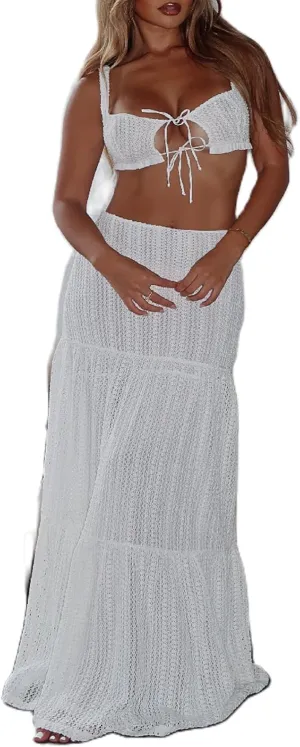 Women 2 Piece Maxi Skirts Set Y2k Ruffle Sleeveless Lace Trim Cami Top Tiered Flowy A Line Long Skirt Summer Outfits