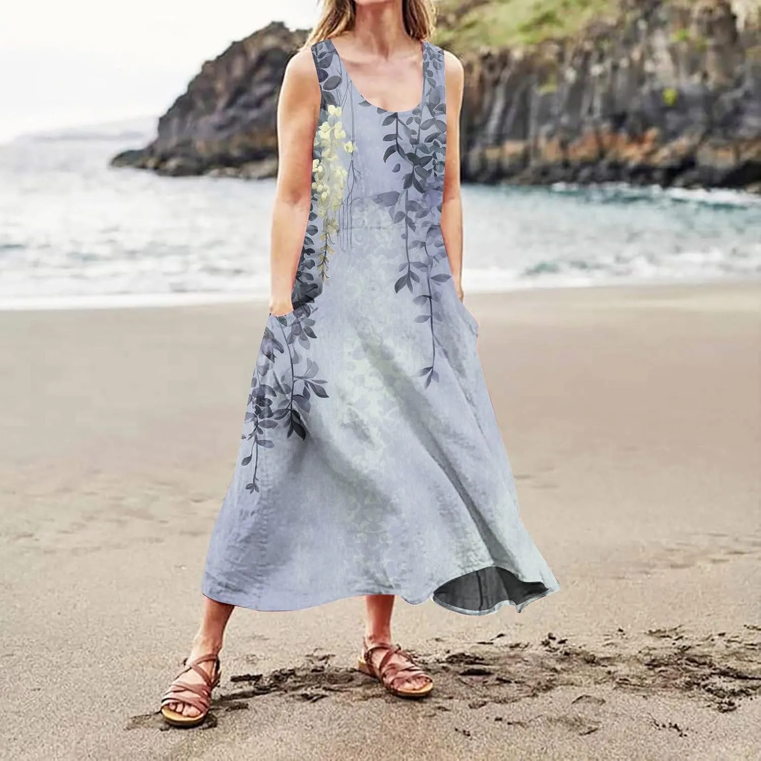 Women 2024 Summer Tank Dress Sleeveless U Neck Printed/Solid Boho Beach Shirt Maxi Flowy Linen Cotton Dresses with Pocket