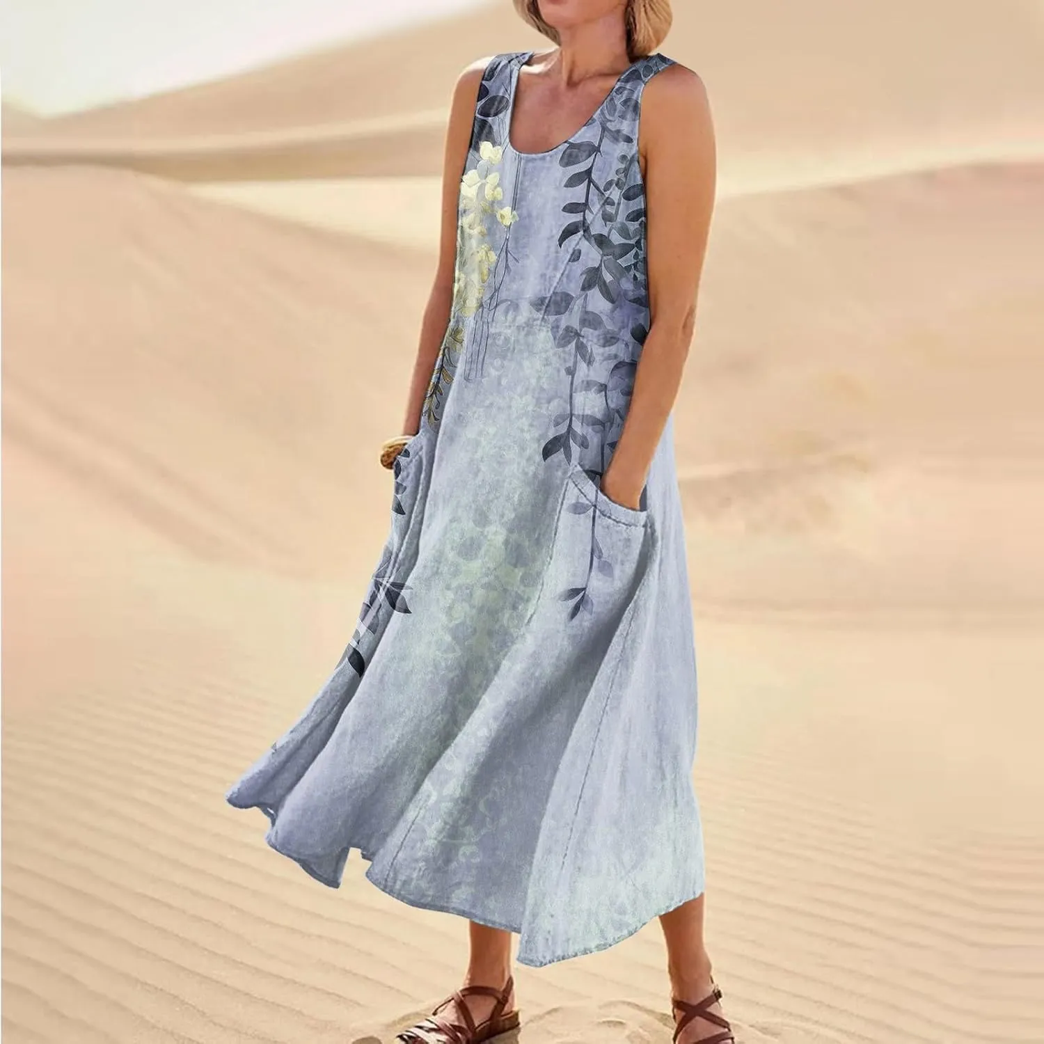 Women 2024 Summer Tank Dress Sleeveless U Neck Printed/Solid Boho Beach Shirt Maxi Flowy Linen Cotton Dresses with Pocket