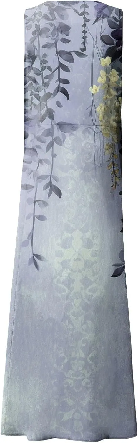 Women 2024 Summer Tank Dress Sleeveless U Neck Printed/Solid Boho Beach Shirt Maxi Flowy Linen Cotton Dresses with Pocket
