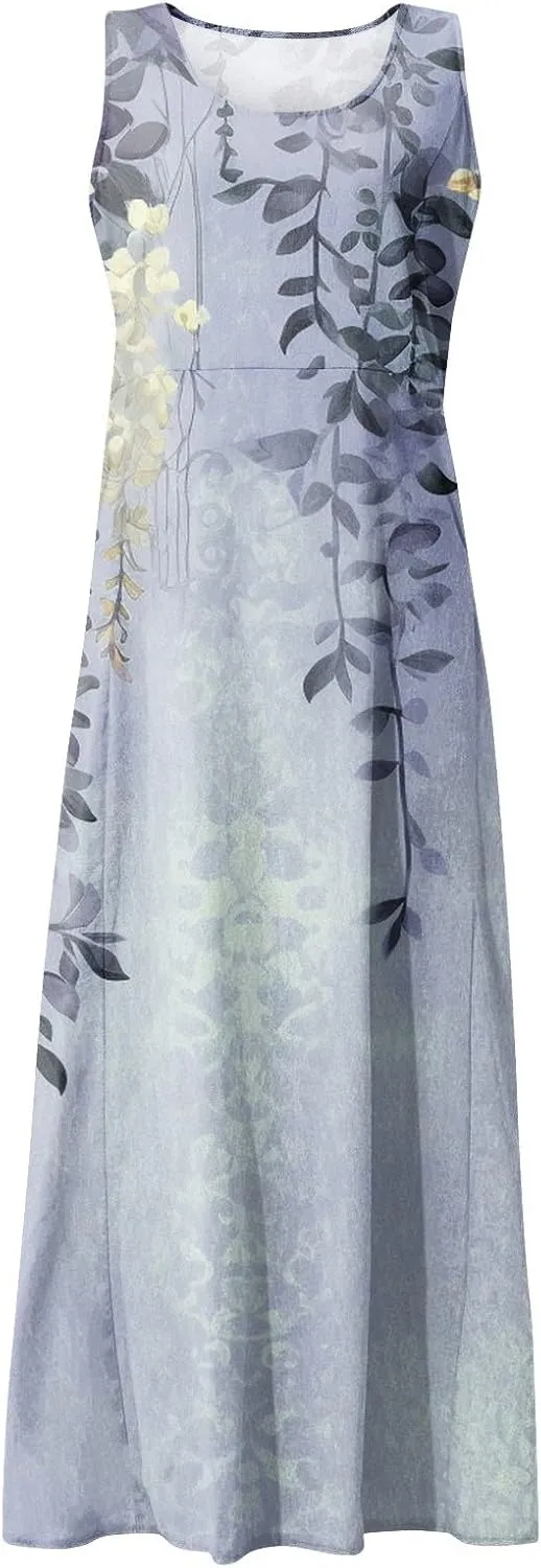Women 2024 Summer Tank Dress Sleeveless U Neck Printed/Solid Boho Beach Shirt Maxi Flowy Linen Cotton Dresses with Pocket