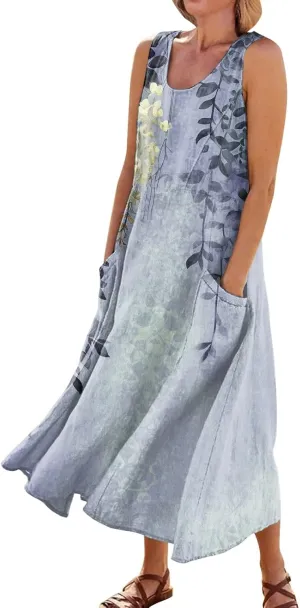 Women 2024 Summer Tank Dress Sleeveless U Neck Printed/Solid Boho Beach Shirt Maxi Flowy Linen Cotton Dresses with Pocket