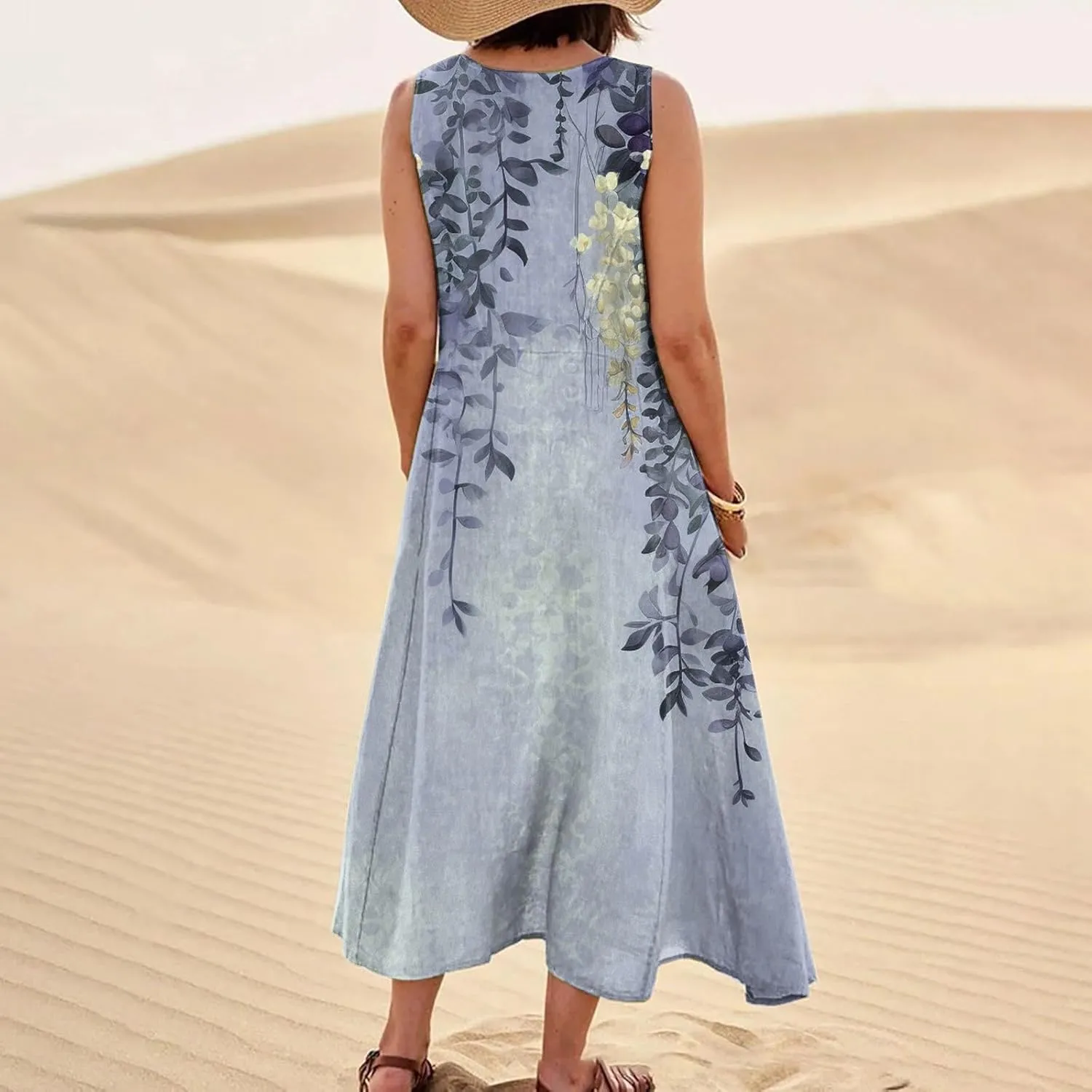 Women 2024 Summer Tank Dress Sleeveless U Neck Printed/Solid Boho Beach Shirt Maxi Flowy Linen Cotton Dresses with Pocket
