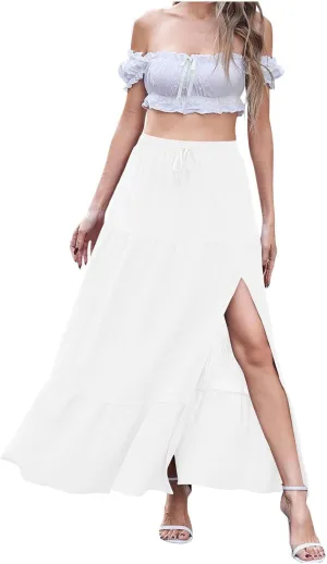 Women Boho Maxi Skirt Set Off Shoulder Ruffle Trim Ruched Crop Top and Flowy Slit Long Skirts 2 Piece Outfits Beach Wear