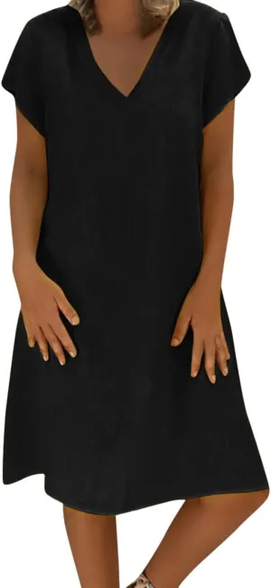 Women Casual Dresses 2025 Ladies Summer Solid Cotton Linen Dress Short Sleeve V-Neck Dress Plus Size Mid-Calf Sundress