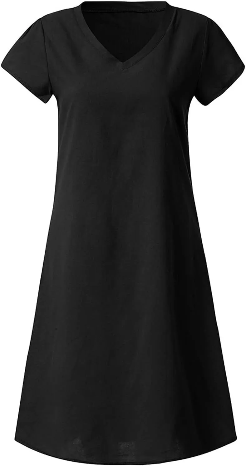 Women Casual Dresses 2025 Ladies Summer Solid Cotton Linen Dress Short Sleeve V-Neck Dress Plus Size Mid-Calf Sundress
