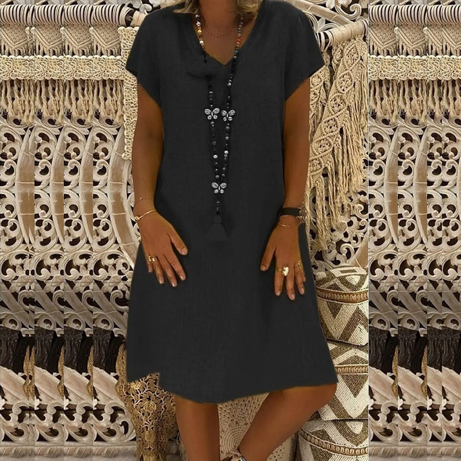 Women Casual Dresses 2025 Ladies Summer Solid Cotton Linen Dress Short Sleeve V-Neck Dress Plus Size Mid-Calf Sundress