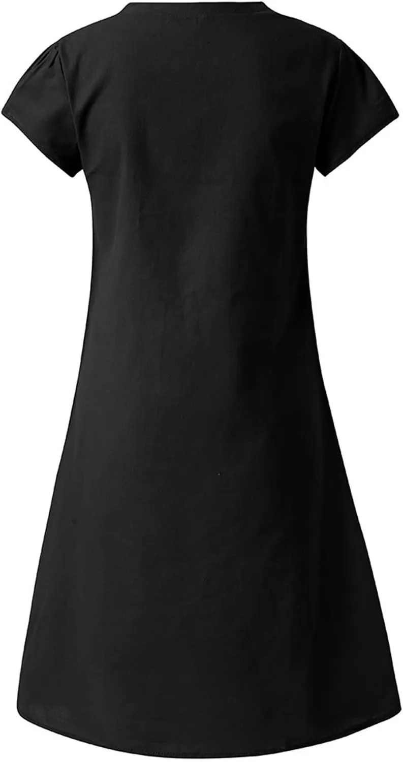 Women Casual Dresses 2025 Ladies Summer Solid Cotton Linen Dress Short Sleeve V-Neck Dress Plus Size Mid-Calf Sundress