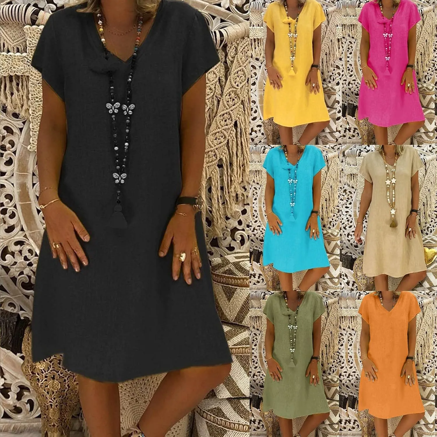 Women Casual Dresses 2025 Ladies Summer Solid Cotton Linen Dress Short Sleeve V-Neck Dress Plus Size Mid-Calf Sundress