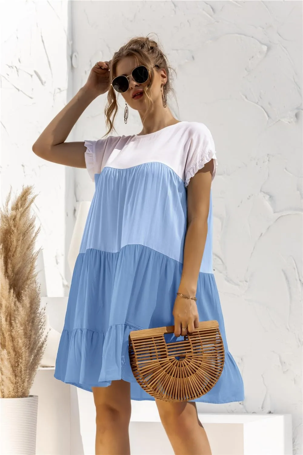 Women Casual Elegant Patchwork Contrast Dress,Ruffles Boho Floral Short Sleeve Oversized Midi and Mini T-Shirt Dress