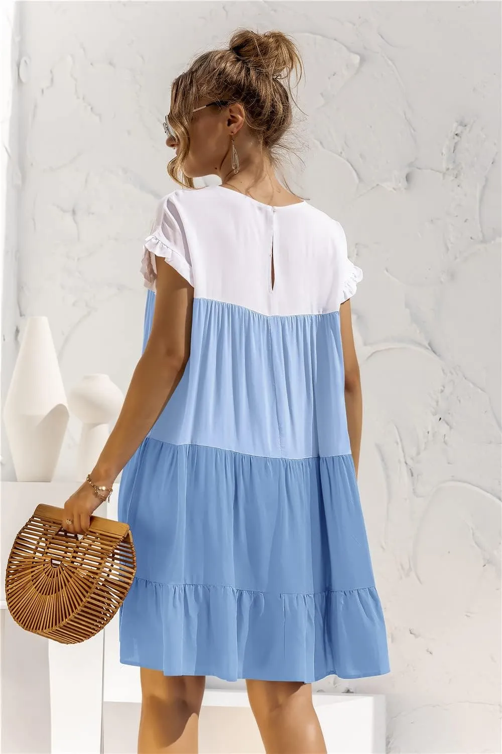 Women Casual Elegant Patchwork Contrast Dress,Ruffles Boho Floral Short Sleeve Oversized Midi and Mini T-Shirt Dress