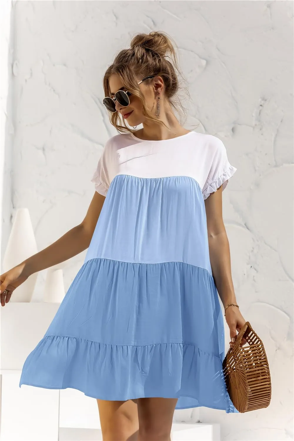 Women Casual Elegant Patchwork Contrast Dress,Ruffles Boho Floral Short Sleeve Oversized Midi and Mini T-Shirt Dress