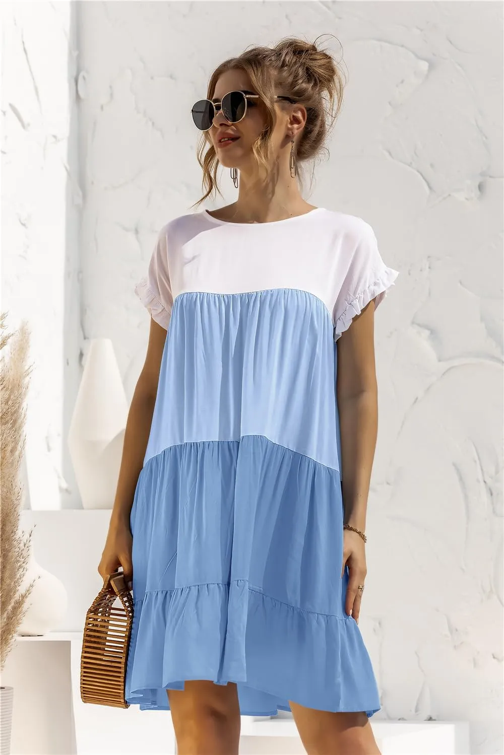 Women Casual Elegant Patchwork Contrast Dress,Ruffles Boho Floral Short Sleeve Oversized Midi and Mini T-Shirt Dress