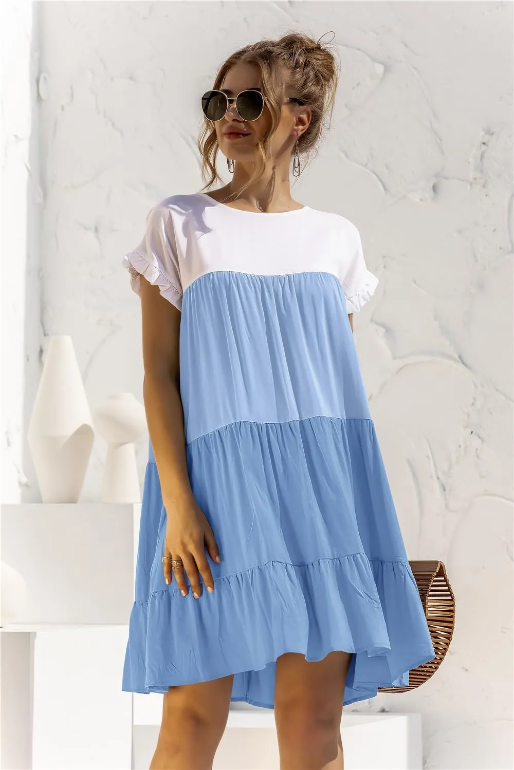 Women Casual Elegant Patchwork Contrast Dress,Ruffles Boho Floral Short Sleeve Oversized Midi and Mini T-Shirt Dress