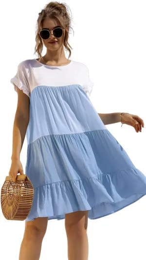 Women Casual Elegant Patchwork Contrast Dress,Ruffles Boho Floral Short Sleeve Oversized Midi and Mini T-Shirt Dress