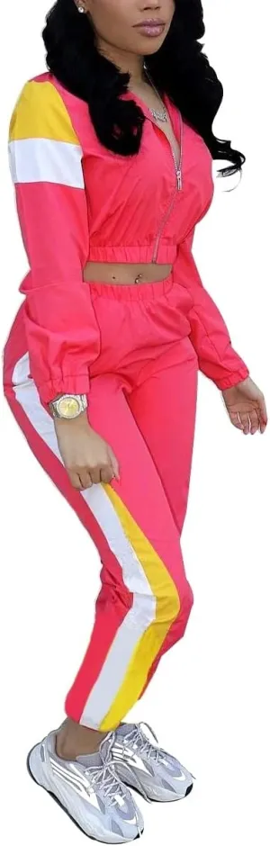 Women Casual Tracksuit 2 Piece Zip Top Jacket and Elastic Waistband Pant Women Windbreaker Tracksuit Sets