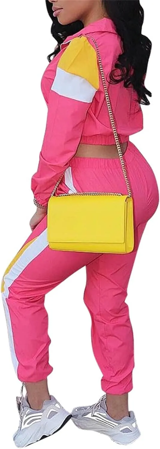 Women Casual Tracksuit 2 Piece Zip Top Jacket and Elastic Waistband Pant Women Windbreaker Tracksuit Sets