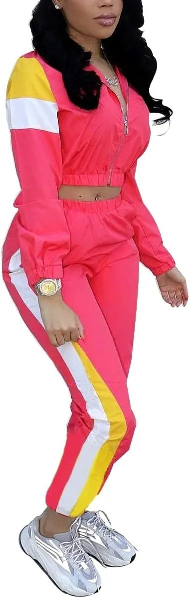 Women Casual Tracksuit 2 Piece Zip Top Jacket and Elastic Waistband Pant Women Windbreaker Tracksuit Sets