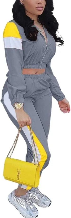 Women Casual Tracksuit 2 Piece Zip Top Jacket and Elastic Waistband Pant Women Windbreaker Tracksuit Sets