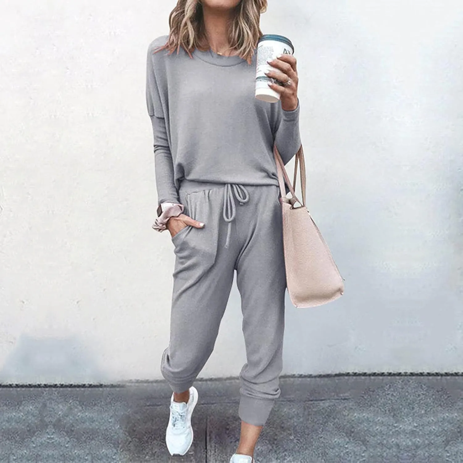 Women Casual Tracksuit Set Solid Crewneck Long Sleeve Sweatshirt High Waist Drawstring Lounge Trouser Sweatsuit Suit