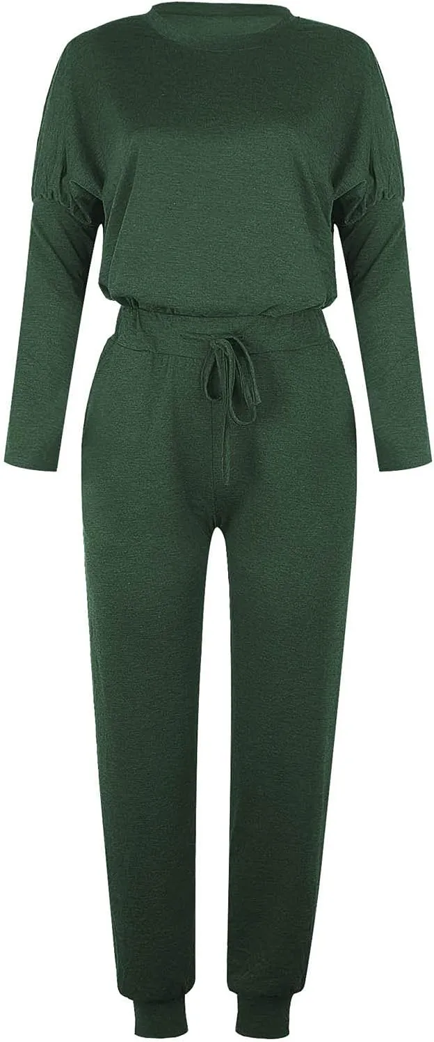 Women Casual Tracksuit Set Solid Crewneck Long Sleeve Sweatshirt High Waist Drawstring Lounge Trouser Sweatsuit Suit