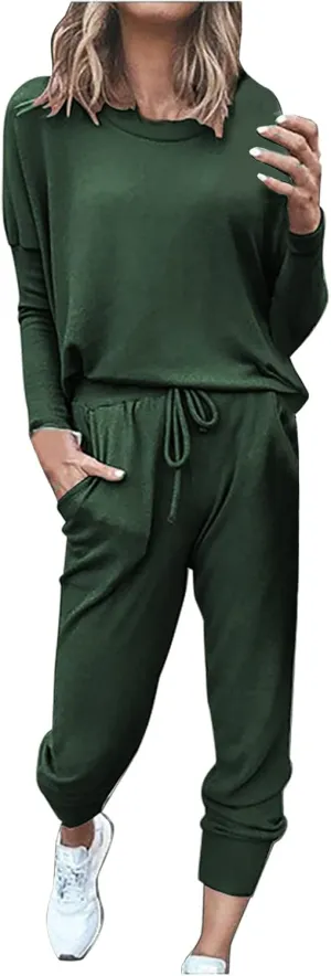 Women Casual Tracksuit Set Solid Crewneck Long Sleeve Sweatshirt High Waist Drawstring Lounge Trouser Sweatsuit Suit