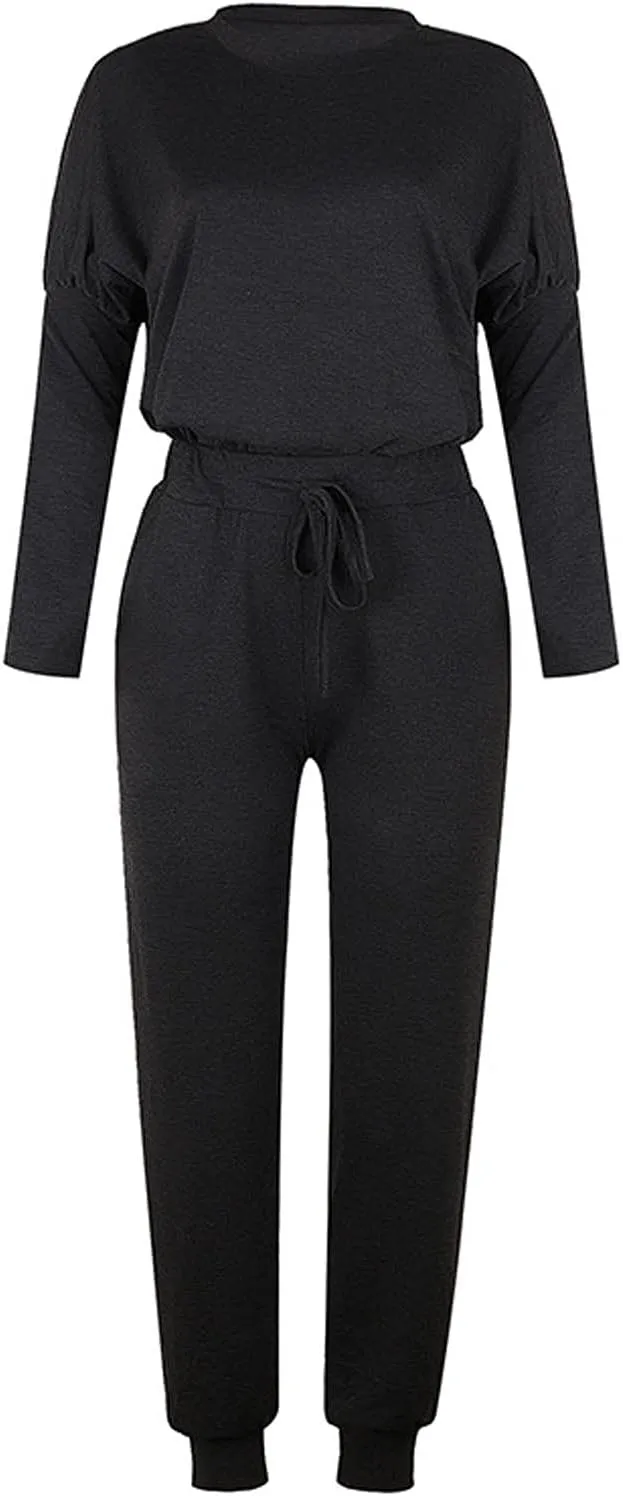 Women Casual Tracksuit Set Solid Crewneck Long Sleeve Sweatshirt High Waist Drawstring Lounge Trouser Sweatsuit Suit