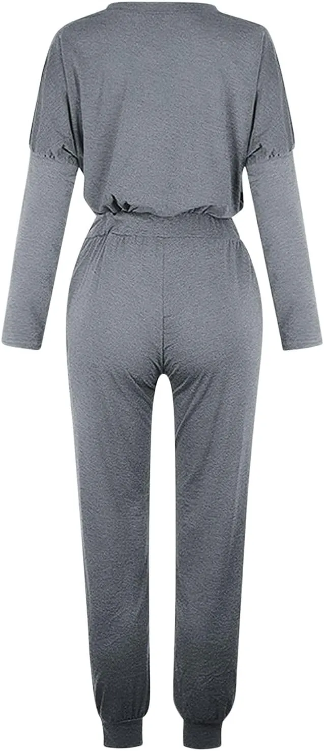 Women Casual Tracksuit Set Solid Crewneck Long Sleeve Sweatshirt High Waist Drawstring Lounge Trouser Sweatsuit Suit
