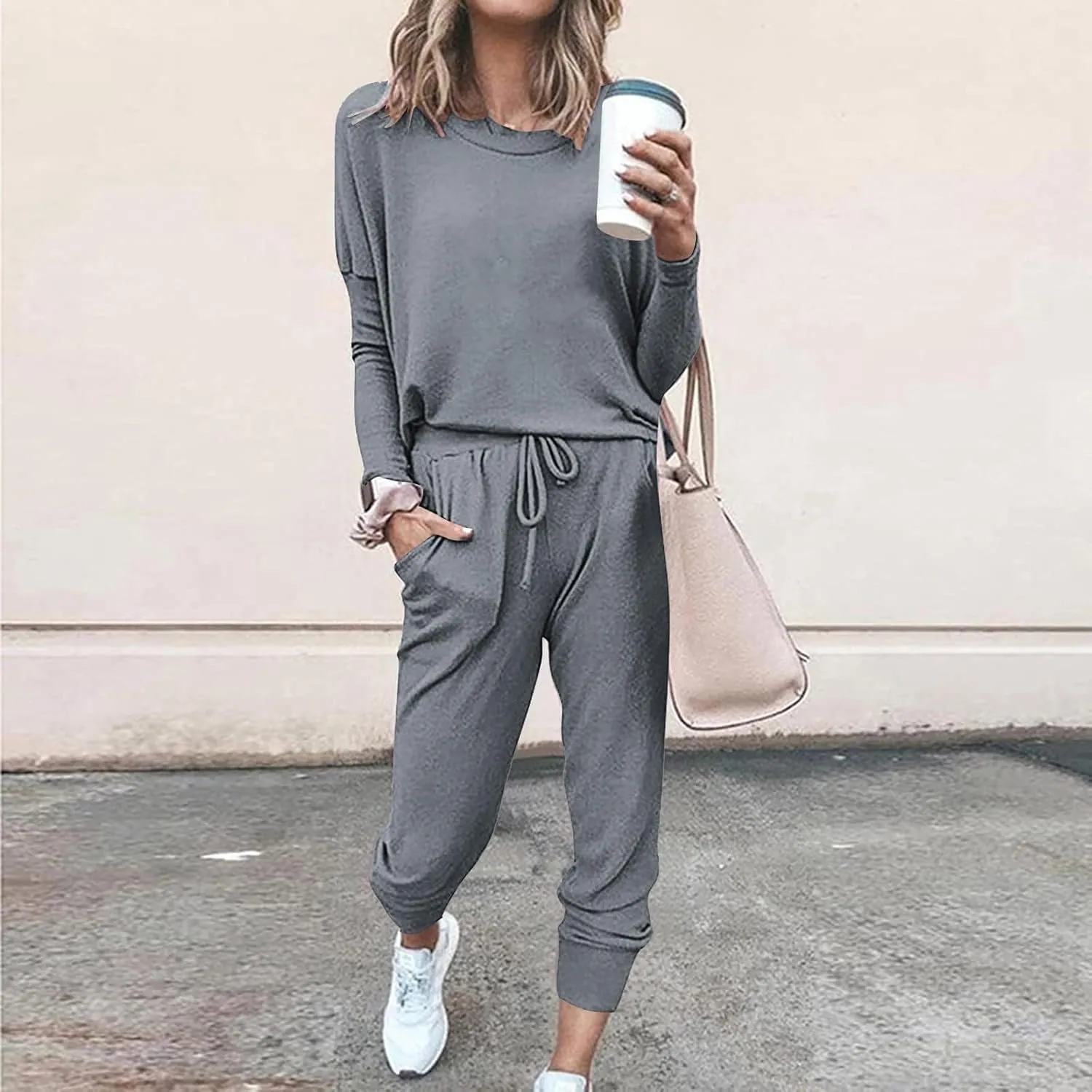 Women Casual Tracksuit Set Solid Crewneck Long Sleeve Sweatshirt High Waist Drawstring Lounge Trouser Sweatsuit Suit