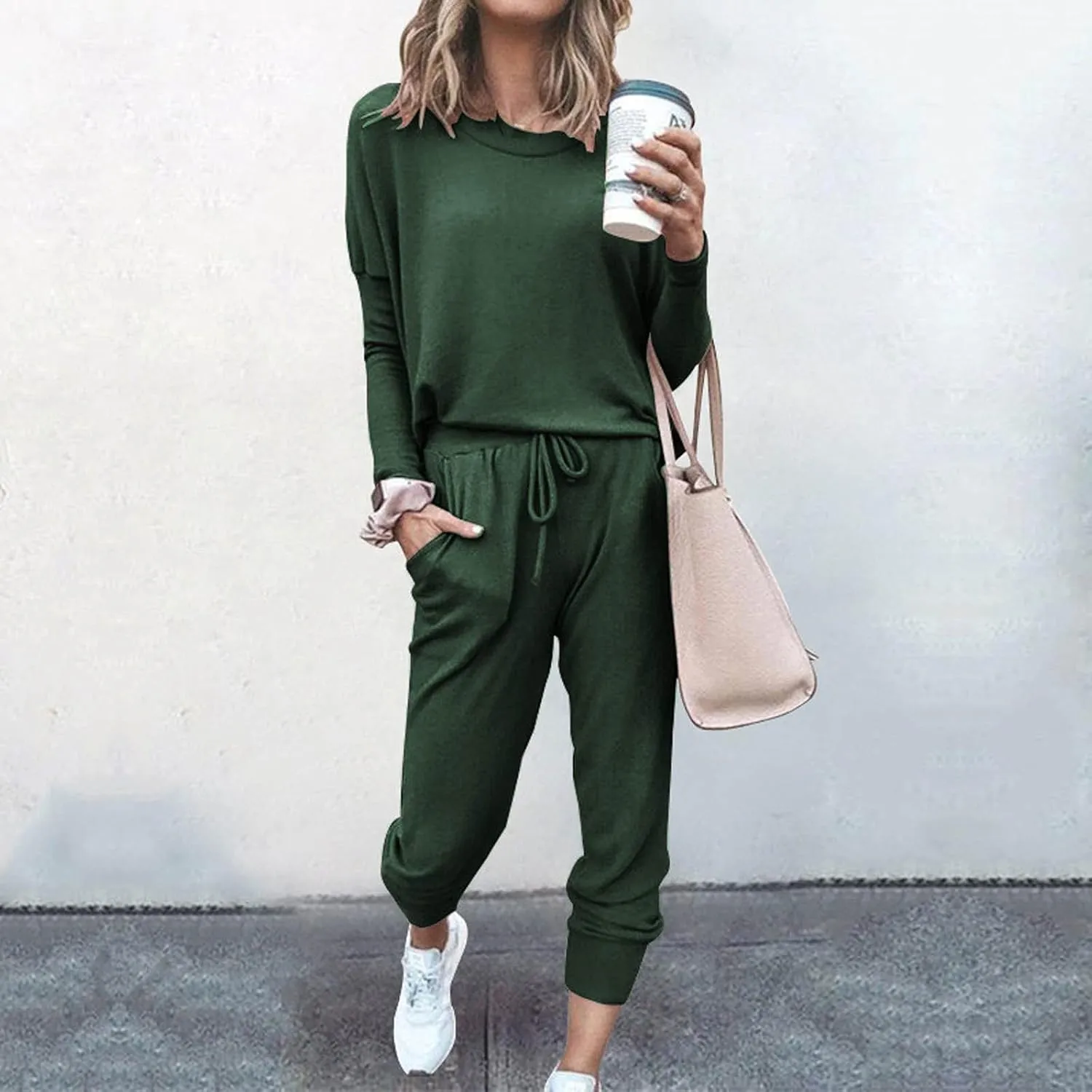 Women Casual Tracksuit Set Solid Crewneck Long Sleeve Sweatshirt High Waist Drawstring Lounge Trouser Sweatsuit Suit