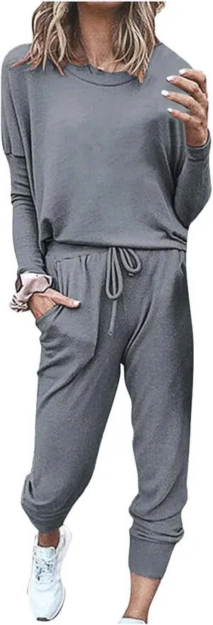 Women Casual Tracksuit Set Solid Crewneck Long Sleeve Sweatshirt High Waist Drawstring Lounge Trouser Sweatsuit Suit