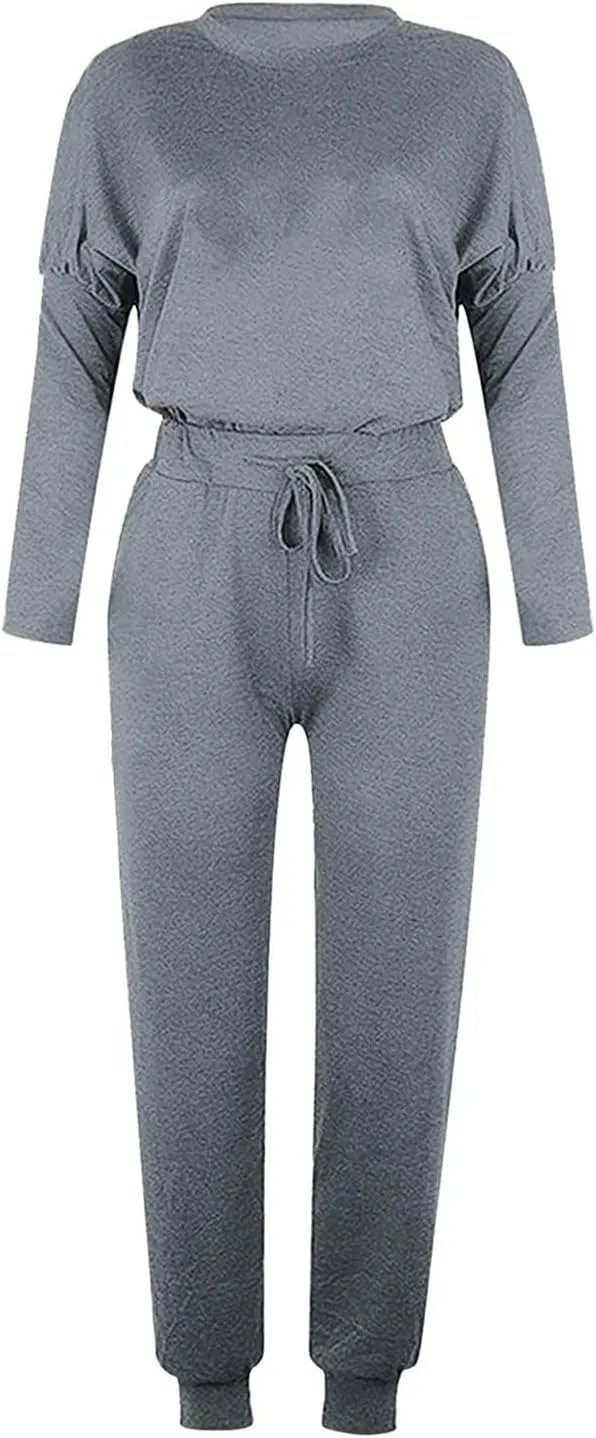 Women Casual Tracksuit Set Solid Crewneck Long Sleeve Sweatshirt High Waist Drawstring Lounge Trouser Sweatsuit Suit