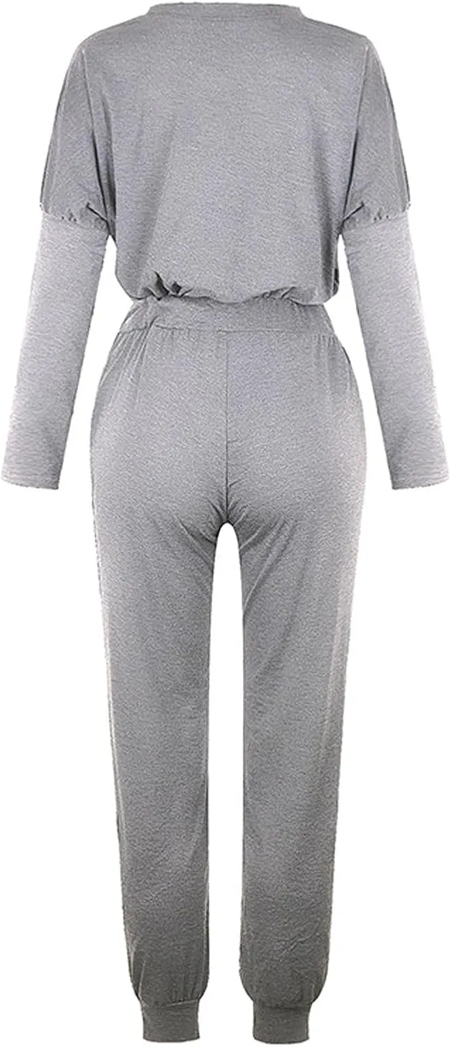 Women Casual Tracksuit Set Solid Crewneck Long Sleeve Sweatshirt High Waist Drawstring Lounge Trouser Sweatsuit Suit