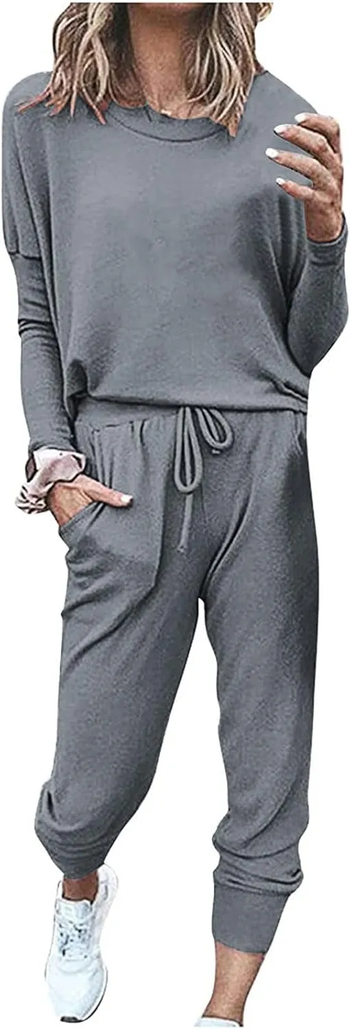 Women Casual Tracksuit Set Solid Crewneck Long Sleeve Sweatshirt High Waist Drawstring Lounge Trouser Sweatsuit Suit