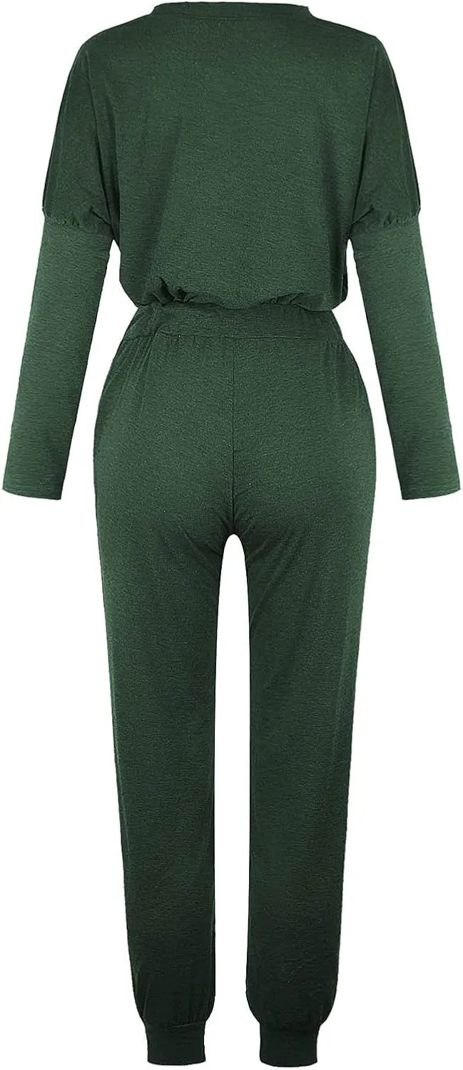 Women Casual Tracksuit Set Solid Crewneck Long Sleeve Sweatshirt High Waist Drawstring Lounge Trouser Sweatsuit Suit