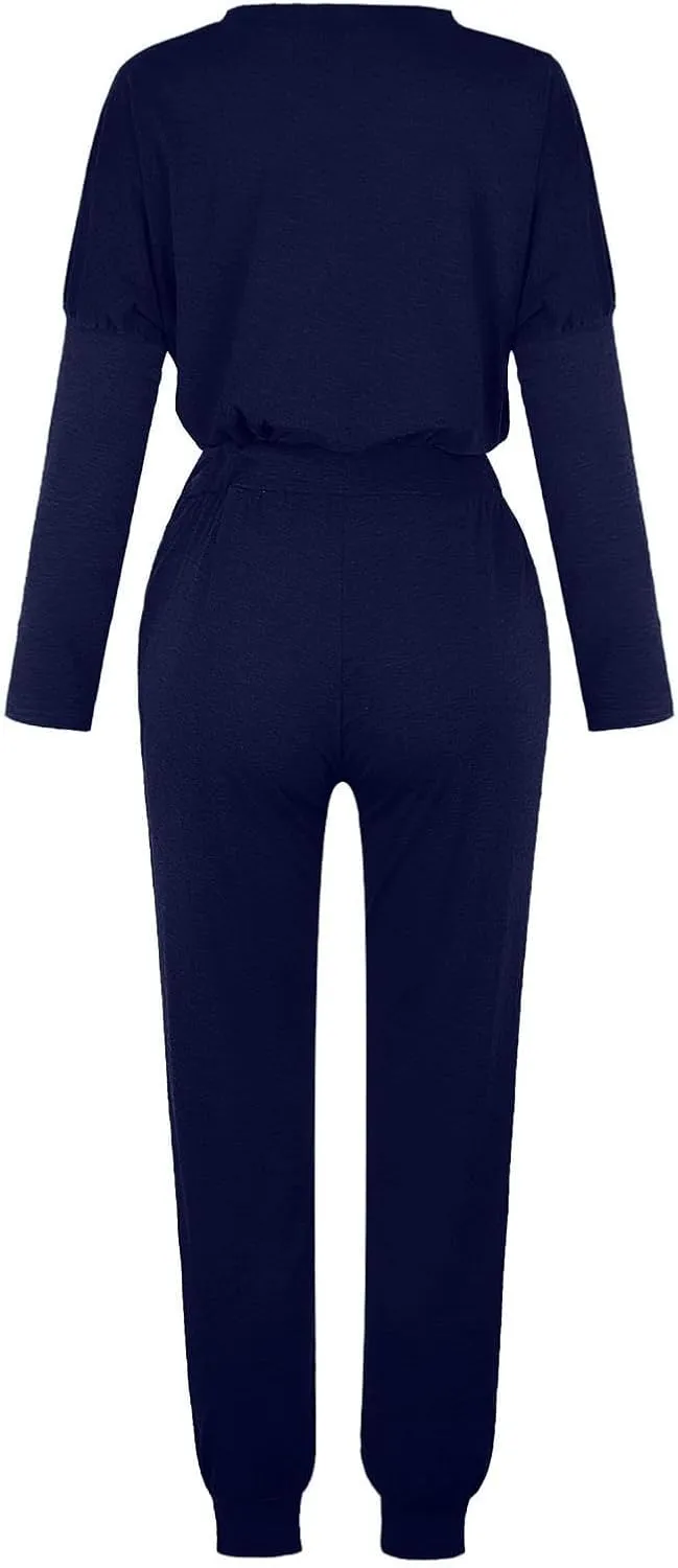 Women Casual Tracksuit Set Solid Crewneck Long Sleeve Sweatshirt High Waist Drawstring Lounge Trouser Sweatsuit Suit