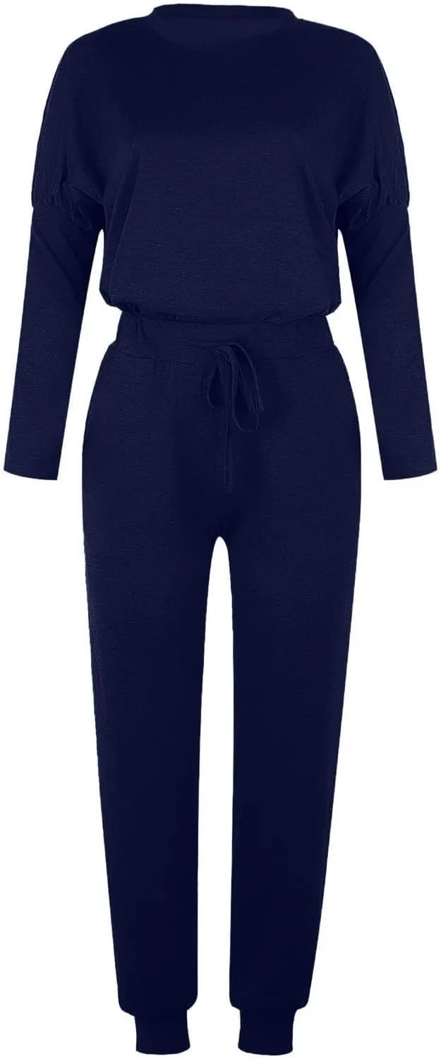 Women Casual Tracksuit Set Solid Crewneck Long Sleeve Sweatshirt High Waist Drawstring Lounge Trouser Sweatsuit Suit