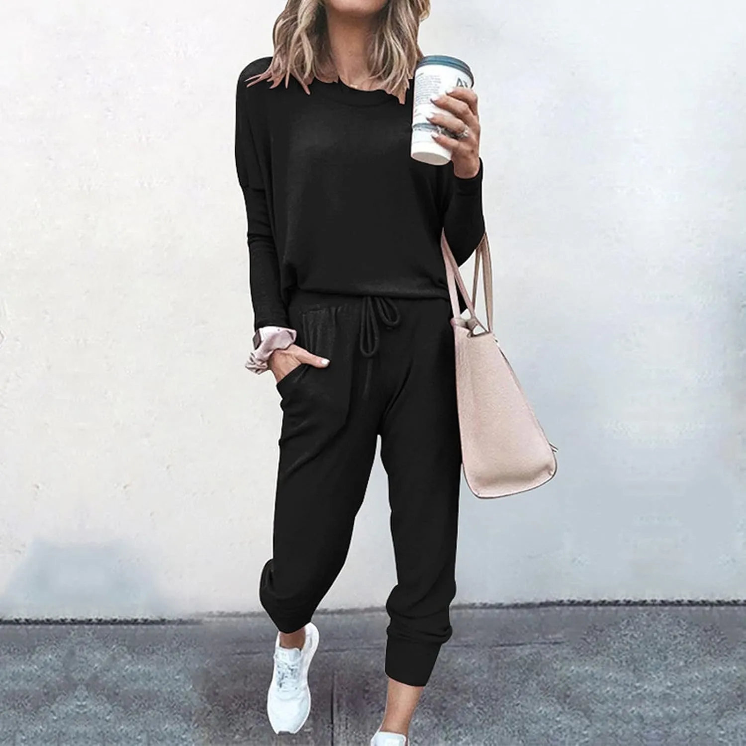 Women Casual Tracksuit Set Solid Crewneck Long Sleeve Sweatshirt High Waist Drawstring Lounge Trouser Sweatsuit Suit