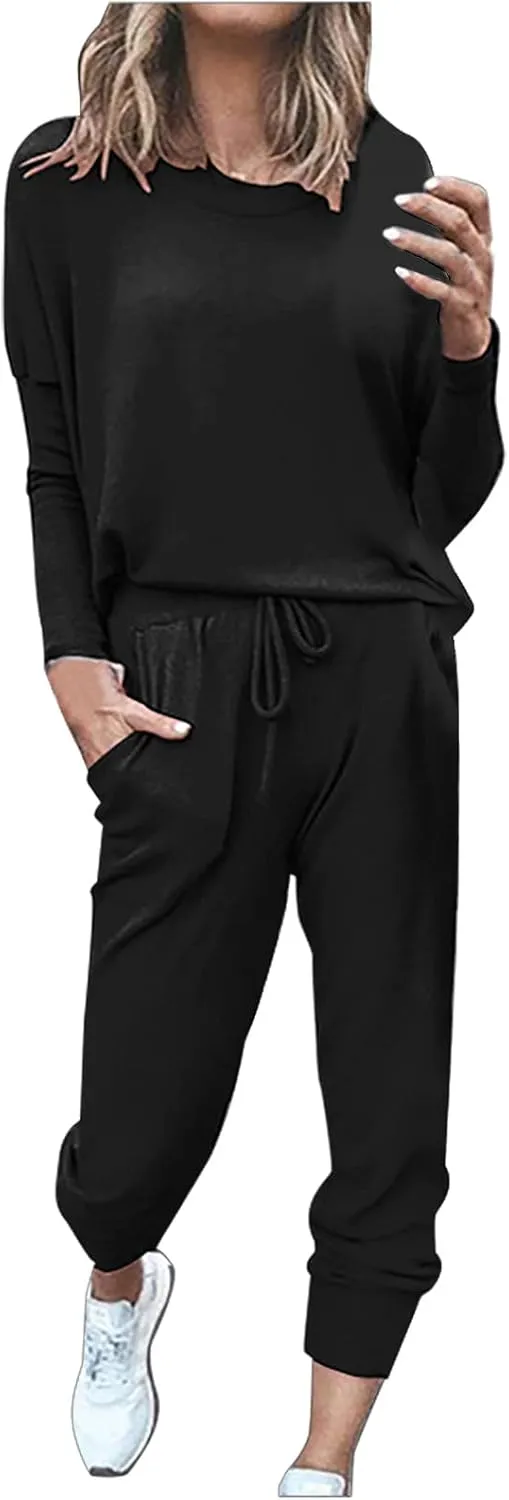 Women Casual Tracksuit Set Solid Crewneck Long Sleeve Sweatshirt High Waist Drawstring Lounge Trouser Sweatsuit Suit