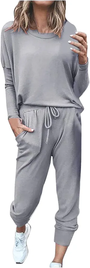 Women Casual Tracksuit Set Solid Crewneck Long Sleeve Sweatshirt High Waist Drawstring Lounge Trouser Sweatsuit Suit