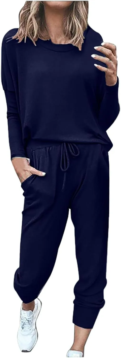 Women Casual Tracksuit Set Solid Crewneck Long Sleeve Sweatshirt High Waist Drawstring Lounge Trouser Sweatsuit Suit