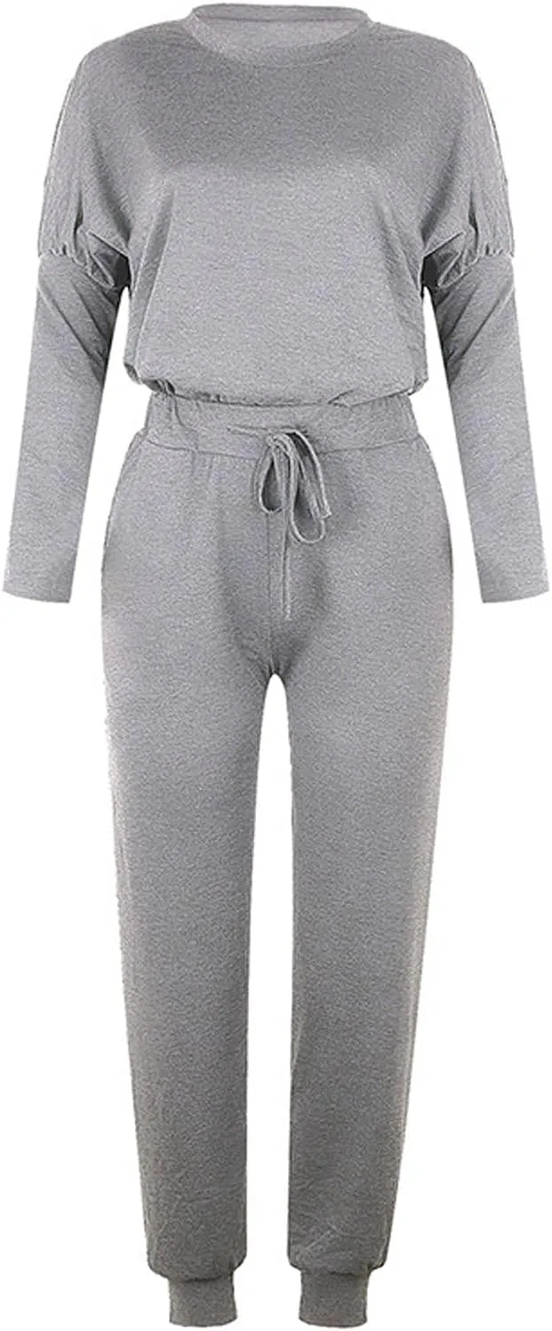 Women Casual Tracksuit Set Solid Crewneck Long Sleeve Sweatshirt High Waist Drawstring Lounge Trouser Sweatsuit Suit
