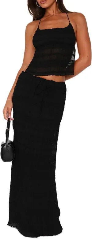 Women Chiffon 2 Piece Ruffle Maxi Skirt Set Backless Halter Cami Top Tiered Long Skirt Set Flowy Beach Outfits