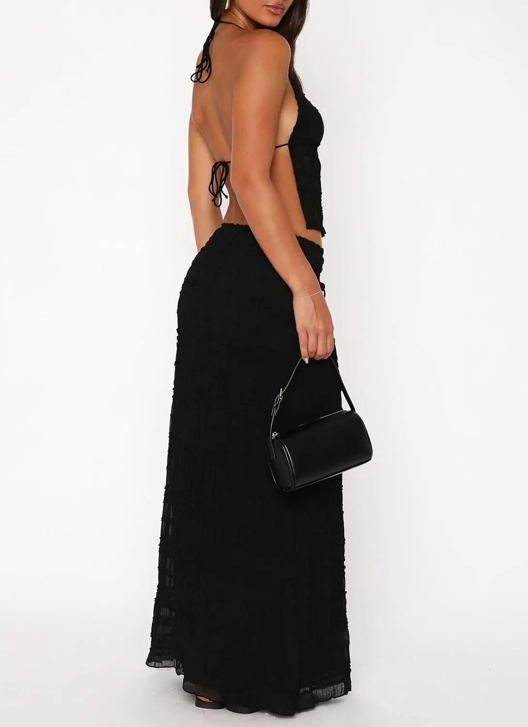 Women Chiffon 2 Piece Ruffle Maxi Skirt Set Backless Halter Cami Top Tiered Long Skirt Set Flowy Beach Outfits