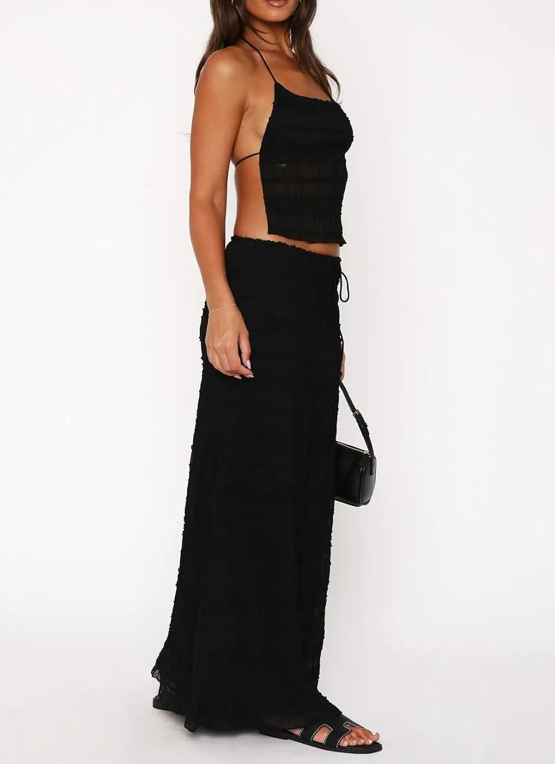 Women Chiffon 2 Piece Ruffle Maxi Skirt Set Backless Halter Cami Top Tiered Long Skirt Set Flowy Beach Outfits