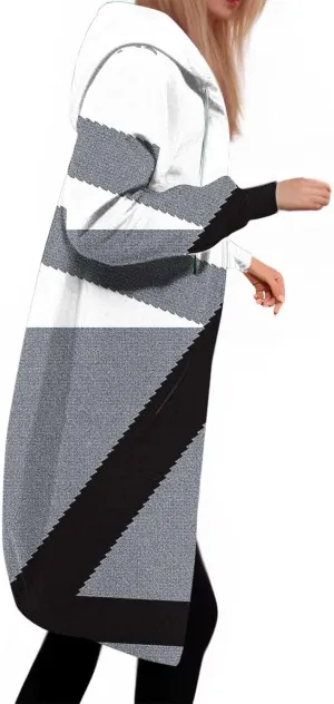 Women Color Block Long Hoodie Jackets Zip Up Oversized Fleece Tunic Sweatshirts Winter Long Sleeve Drawstring Coats