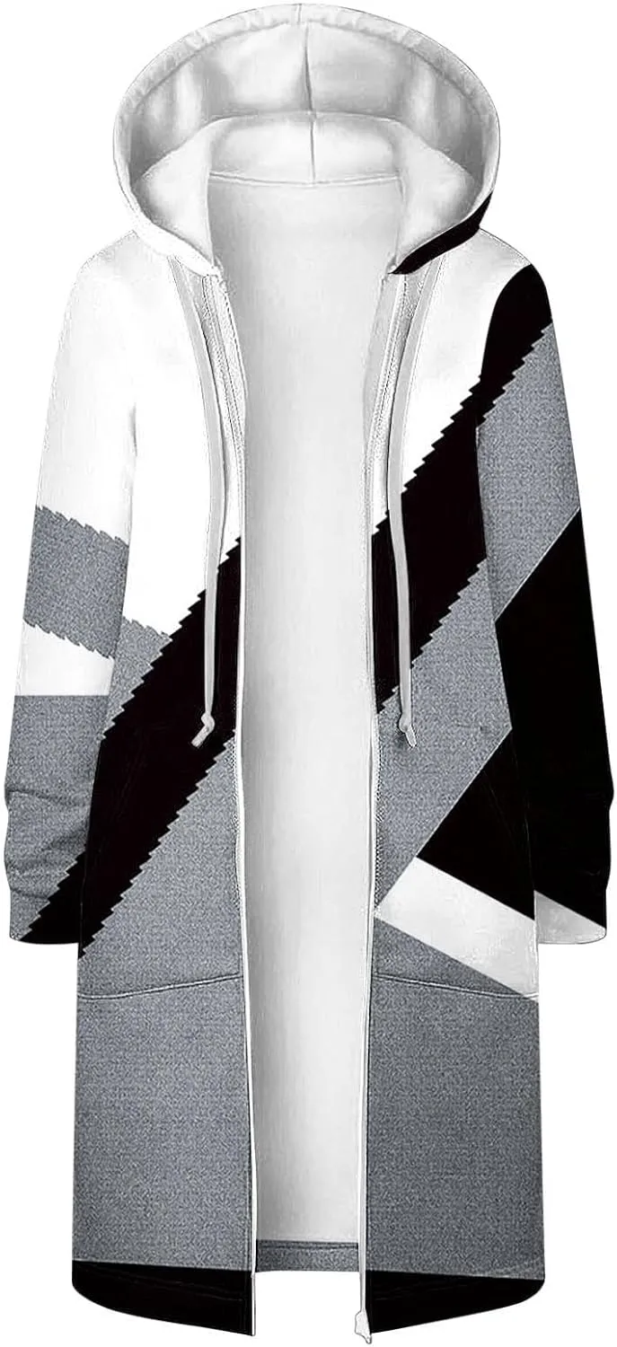 Women Color Block Long Hoodie Jackets Zip Up Oversized Fleece Tunic Sweatshirts Winter Long Sleeve Drawstring Coats