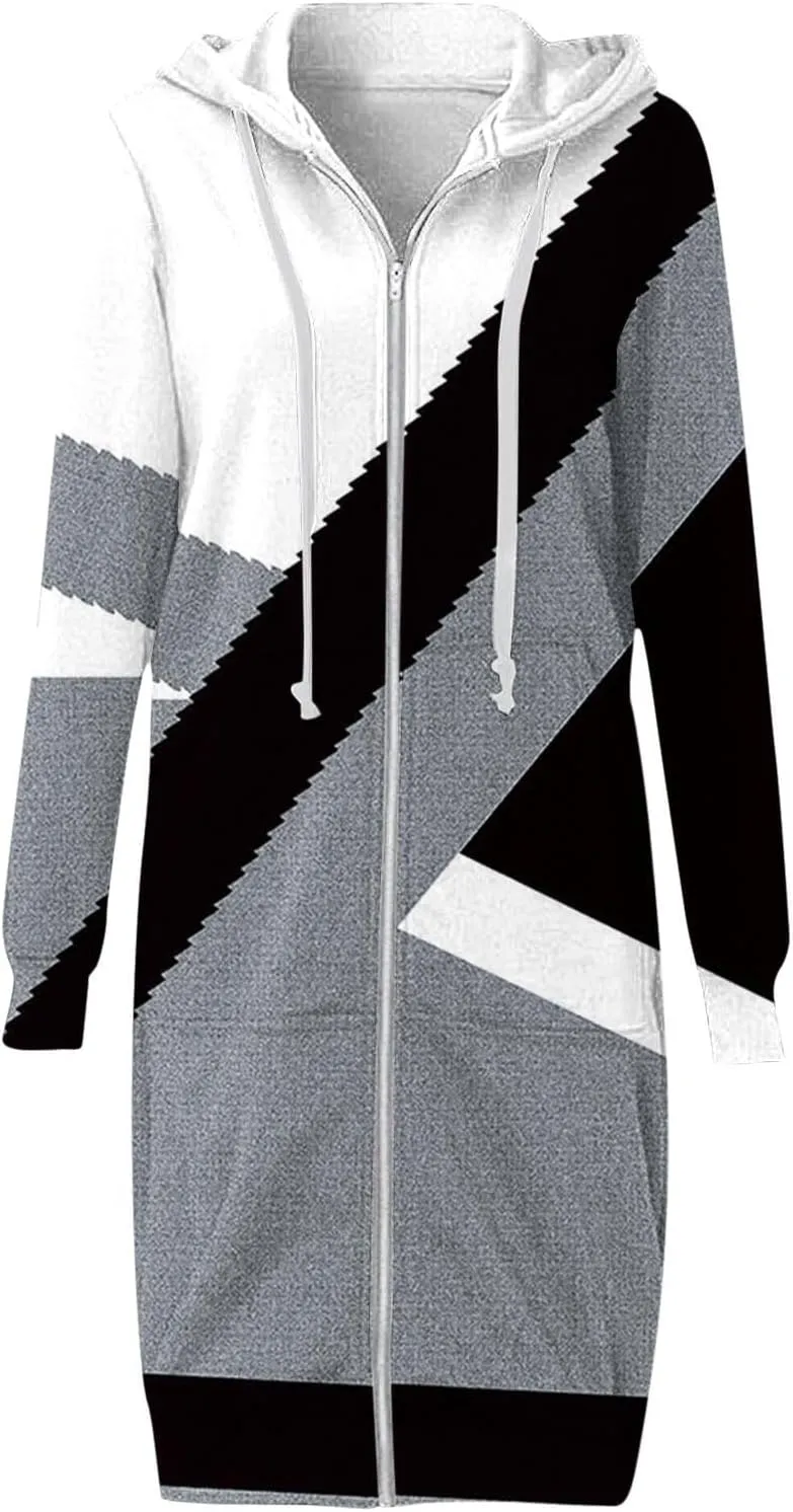 Women Color Block Long Hoodie Jackets Zip Up Oversized Fleece Tunic Sweatshirts Winter Long Sleeve Drawstring Coats