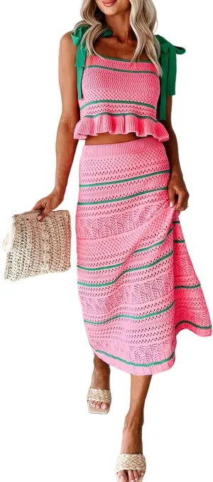 Women Crochet Knit 2 Piece Outfits Set Summer Striped Tie Shoulder Crop Top Bodycon Maxi Skirt Cover Up Set
