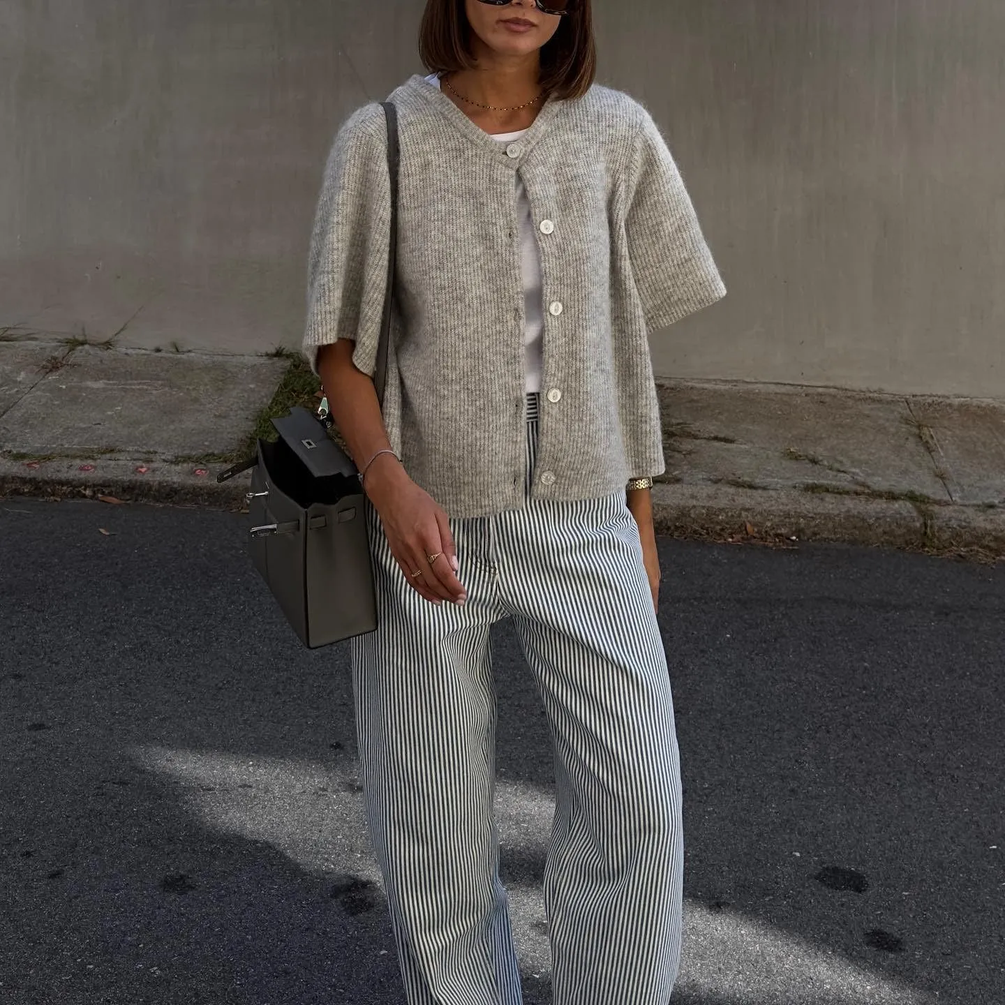 Women Crop Knit Cardigan Casual Short Sleeve Button Down Crewneck Sweater Going Out Tops